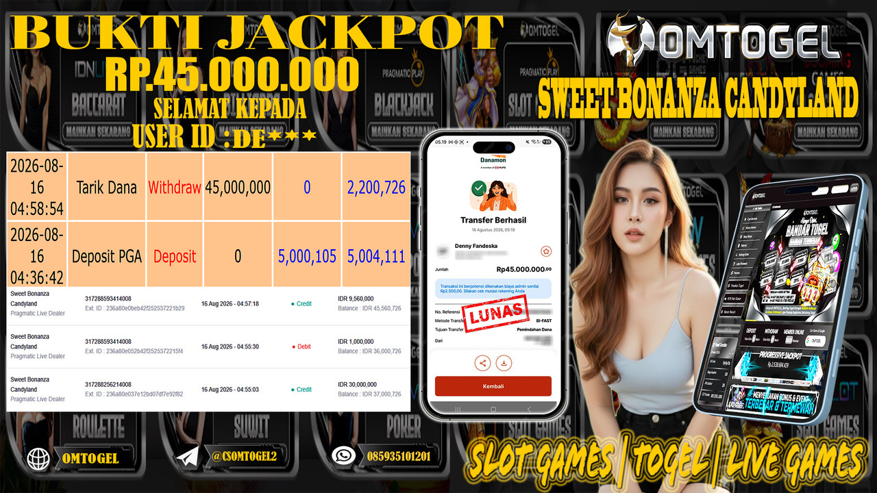 OMTOGEL JACKPOT PRAGMATIC LIVE DEALER SWEET BONANZA CANDYLAND Rp,45,000,000,- DIBAYAR LUNAS