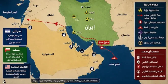 صورة توضيحية لخريطة استراتيجية للمنطقة توضح التهديدات والسيناريوهات المحتملة حول الملف النووي الإيراني، حيث تظهر مواقع المنشآت النووية الإيرانية، وممرات الهجوم الإسرائيلي المحتملة، ومضيق هرمز، مع تفاصيل عن القواعد العسكرية والجهود الدبلوماسية في مسقط. (تم توليدها بالذكاء الإصطناعي)