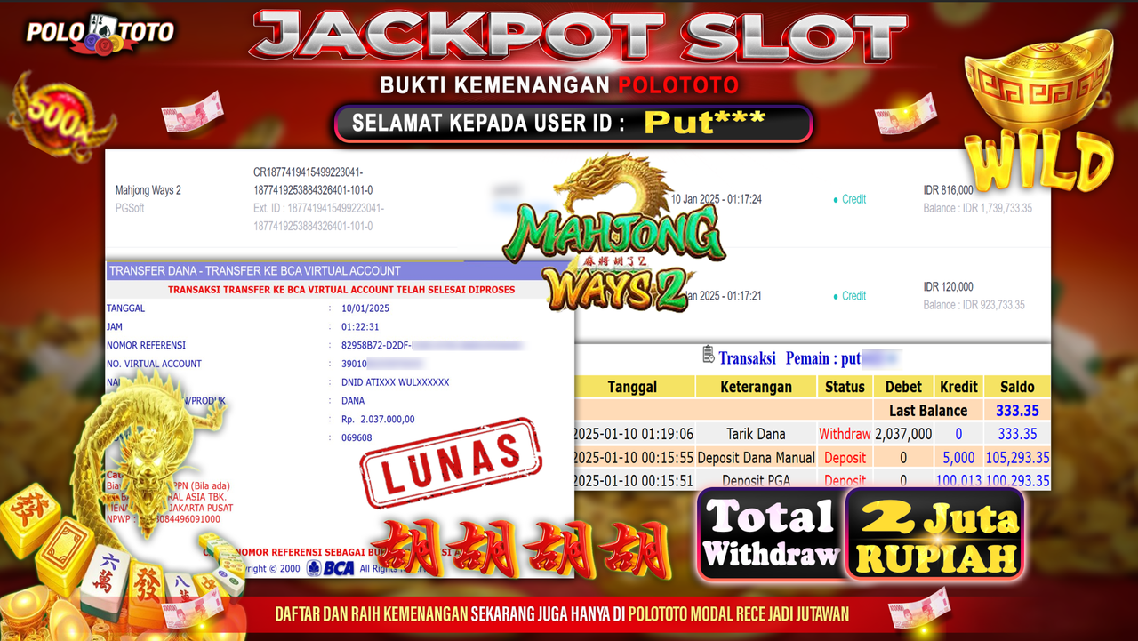 POLOTOTO JACKPOT SLOT MAHJONG WAYS 2 Rp.2,037.000,-