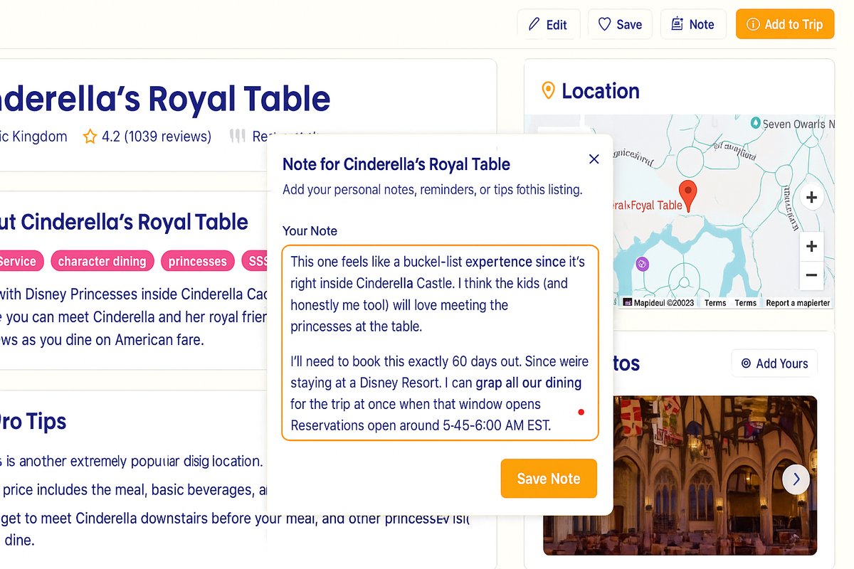 App screenshot showing a note being added to a listing.