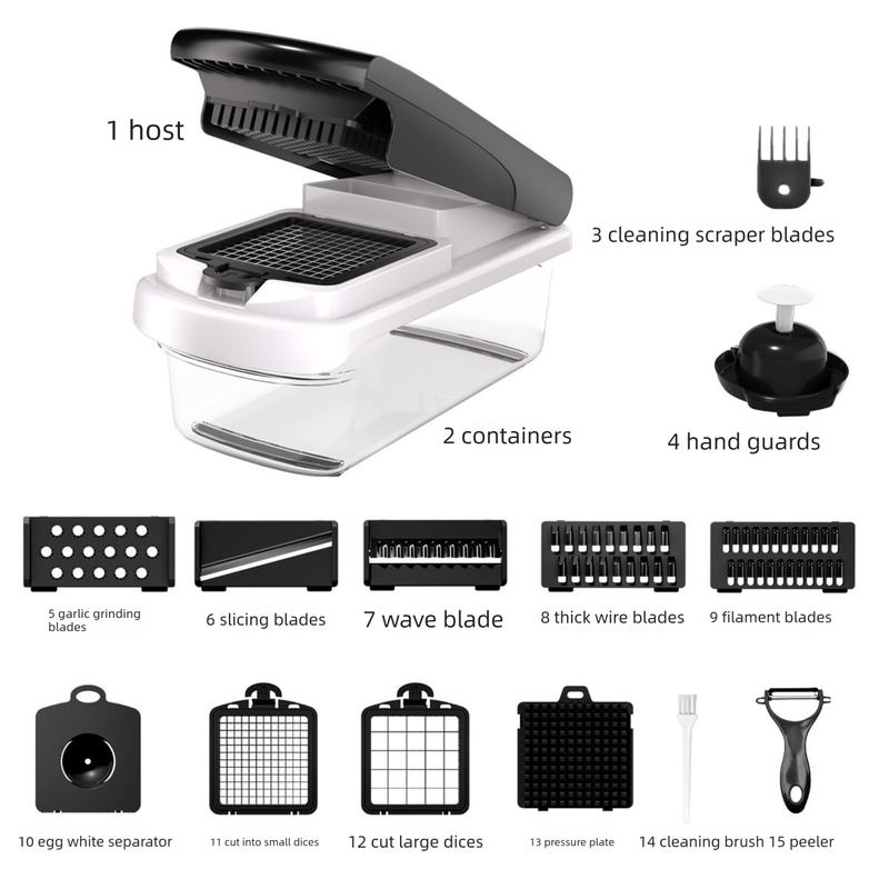 Black Multifunctional Vegetable Slicer – Manual Kitchen Cutter with Adjustable Blades for Slicing, Dicing, Shredding, Garlic Grinding, and Egg White Separation
