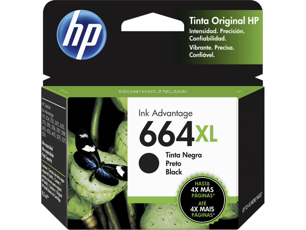 Cartucho de tinta original de alto rendimiento HP 664XL en color negro.