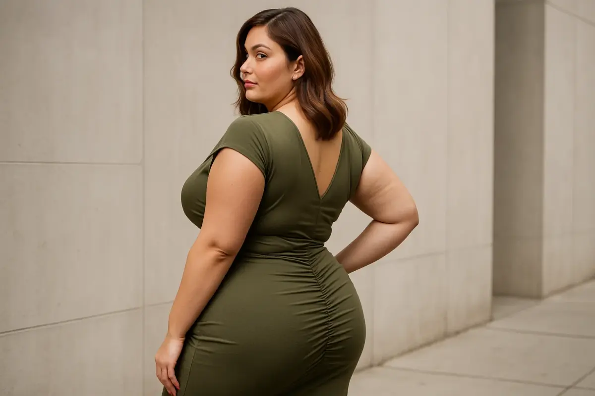 Chic fashion for large waist women in A-line midi dress with belt