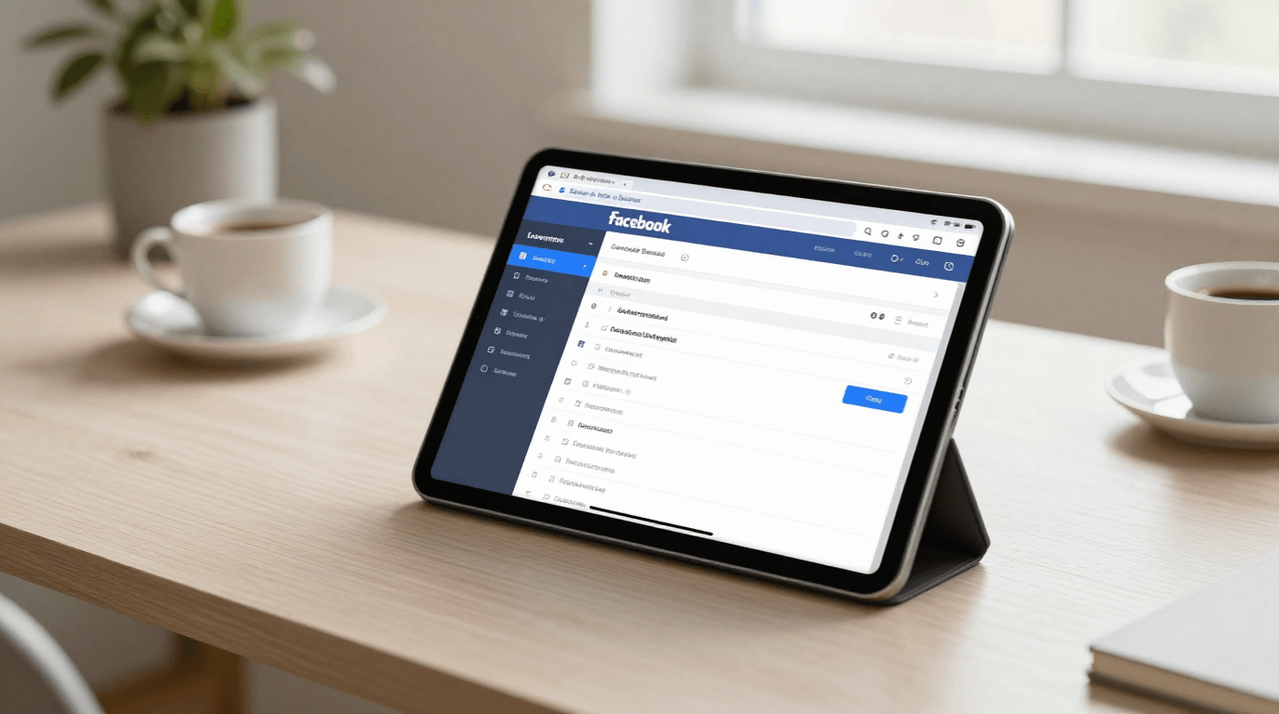 A workspace showing a tablet ready for automated facebook posting