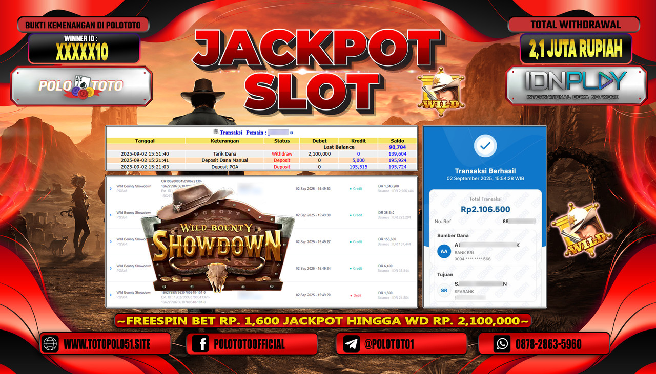 POLOTOTO JACKPOT SLOT WILD BOUNTY SHOWDOWN Rp.2.100.000,- LUNAS