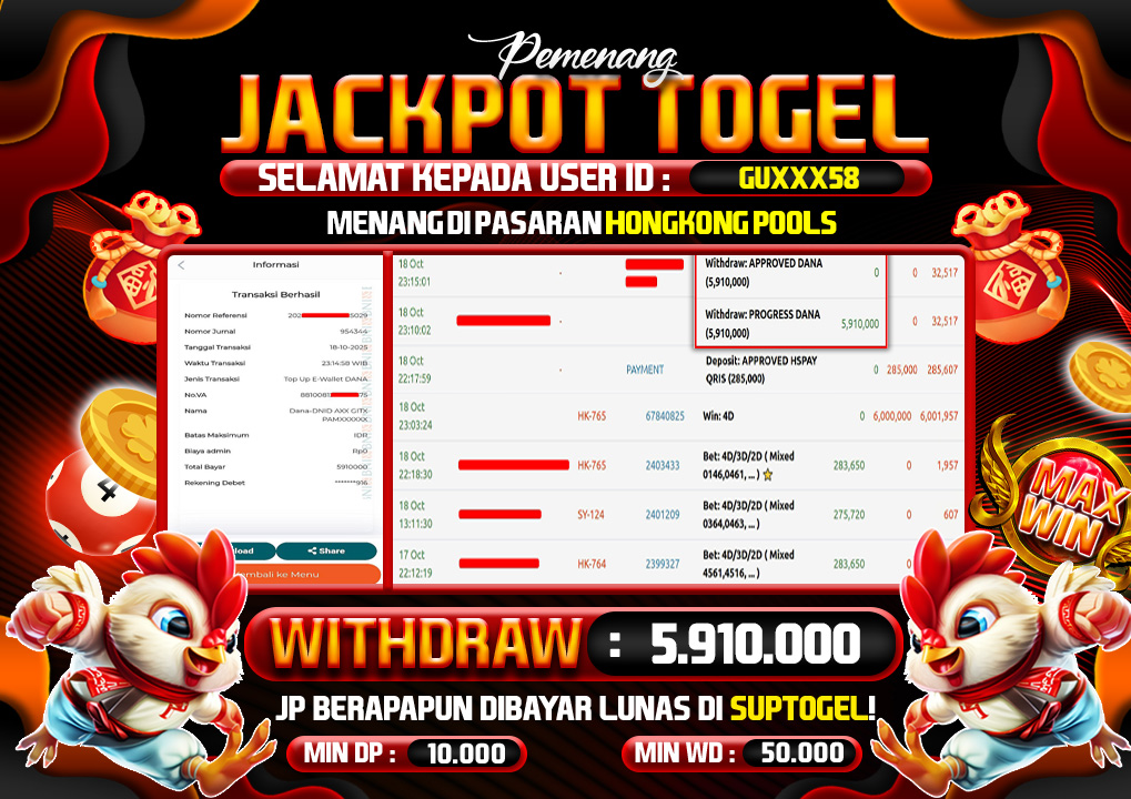  BUKTI KEMENANGAN 18 OCTOBER 2025 MENANG DI PERMAINAN TOGEL PASARAN HONGKONG POOLS 5.9 JT