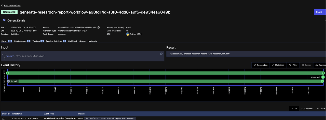 Temporal Web UI showing completed workflow