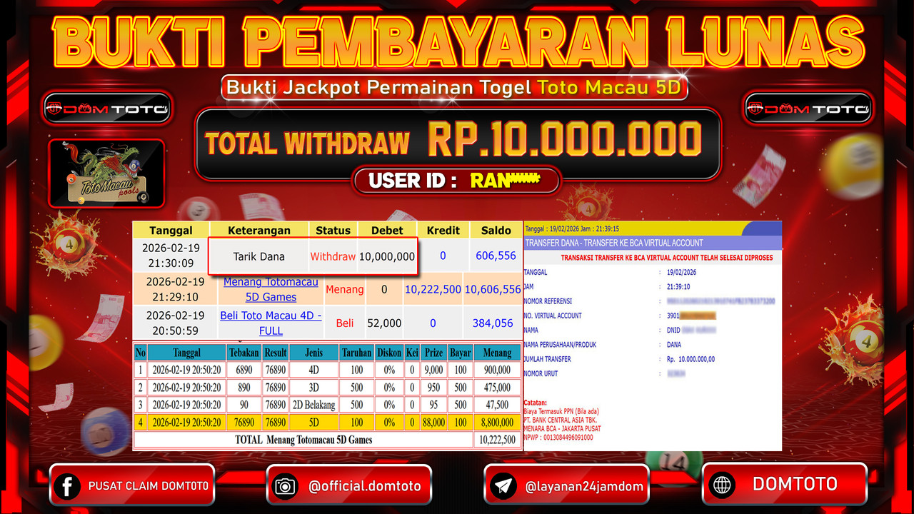 JACKPOT TOGEL TOTOMACAU 5D 19 FEBRUARI 2026