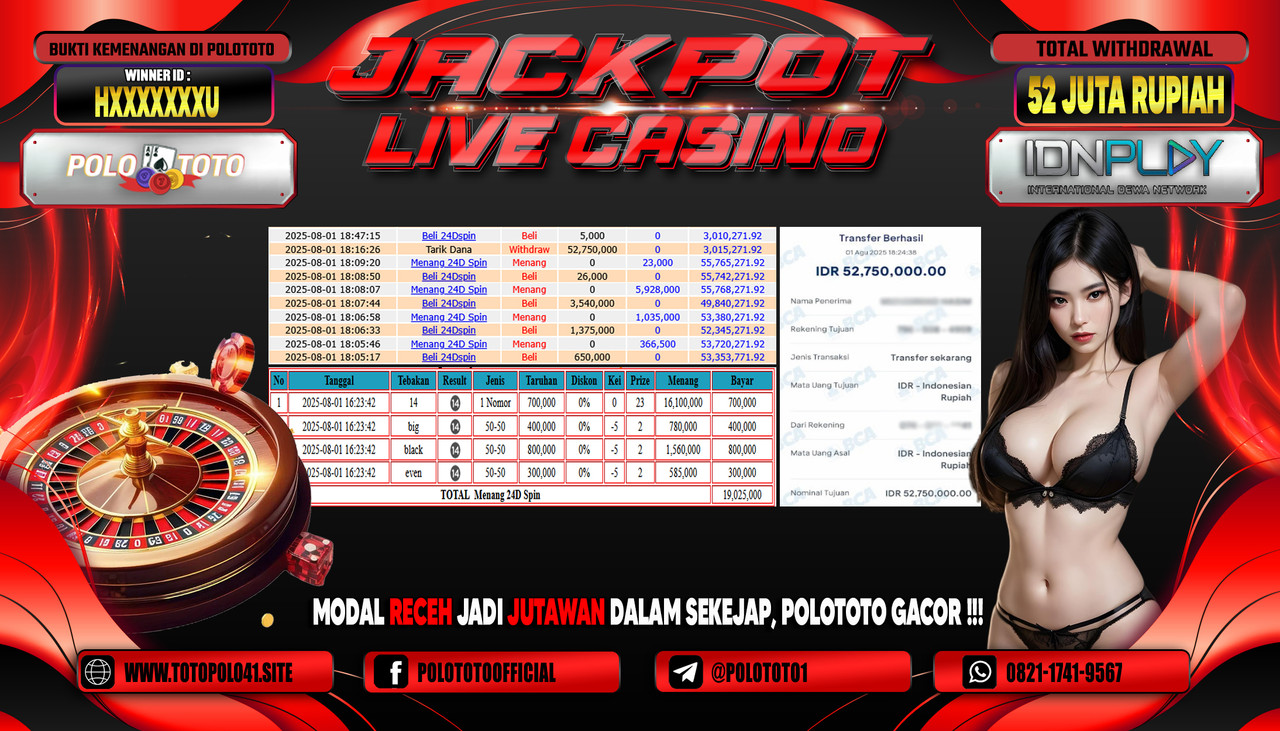 POLOTOTO JACKPOT LIVE CASINO MENANG 24D SPIN Rp.52.000.000,-LUNAS