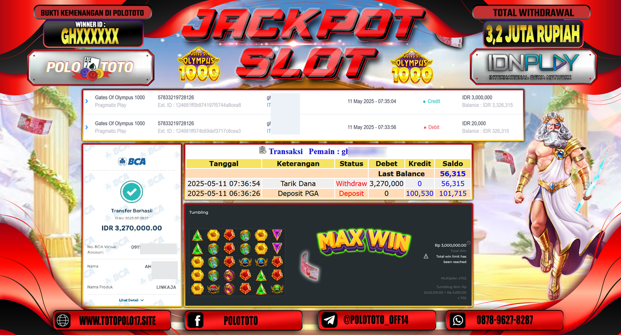 POLOTOTO JACKPOT SLOT GATES OF OLYMPUS 1000 Rp.3.270.000,-