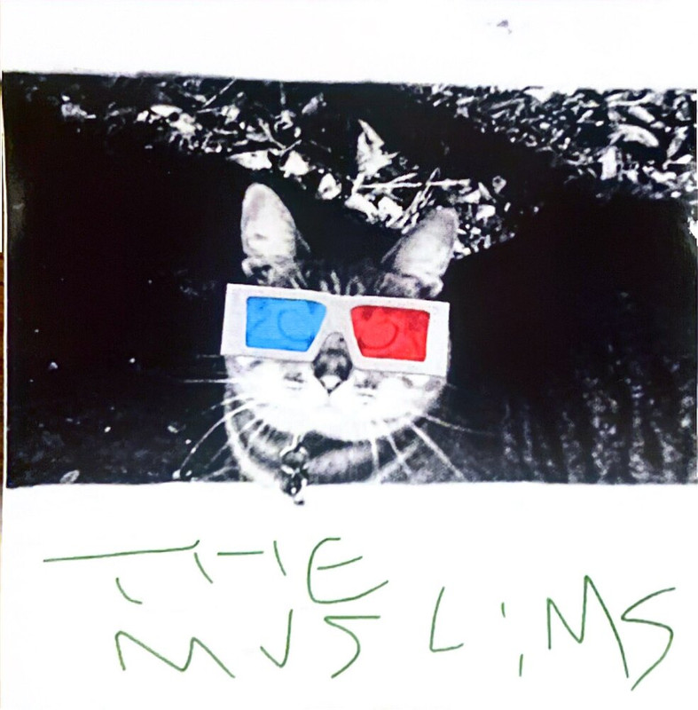 a sticker in which the top two-thirds are taken up by a black and white photo of a cat with 3D movie theatre glasses photoshopped on. on the bottom, there is white background with the words 'the muslims' scrawled in green.
