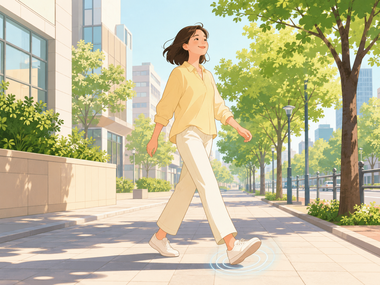 편안한 걸음걸이로 거리를 걷는 사람의 따뜻한 일러스트
