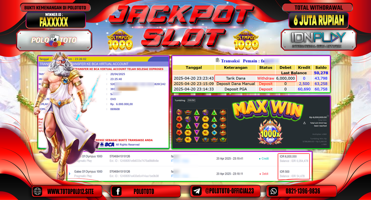 POLOTOTO JACKPOT SLOT GATES OF OLYMPUS 1000 Rp.6.000.000,-