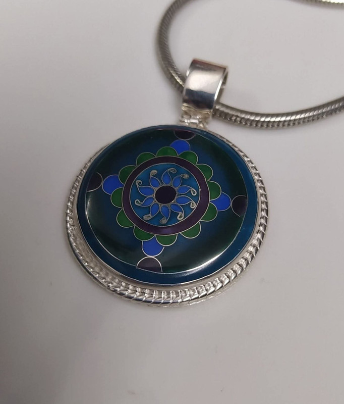 Minankari Pendant Midnight Mandala, Handmade Sterling Silver, Artisan from Tbilisi - handmade cloisonne enamel
