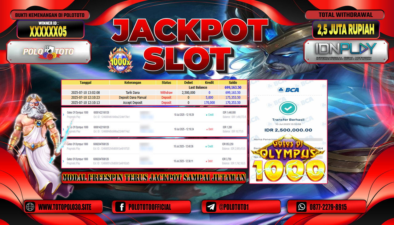 POLOTOTO JACKPOT SLOT GATES OF OLYMPUS 1000 Rp.2.500.000,- LUNAS