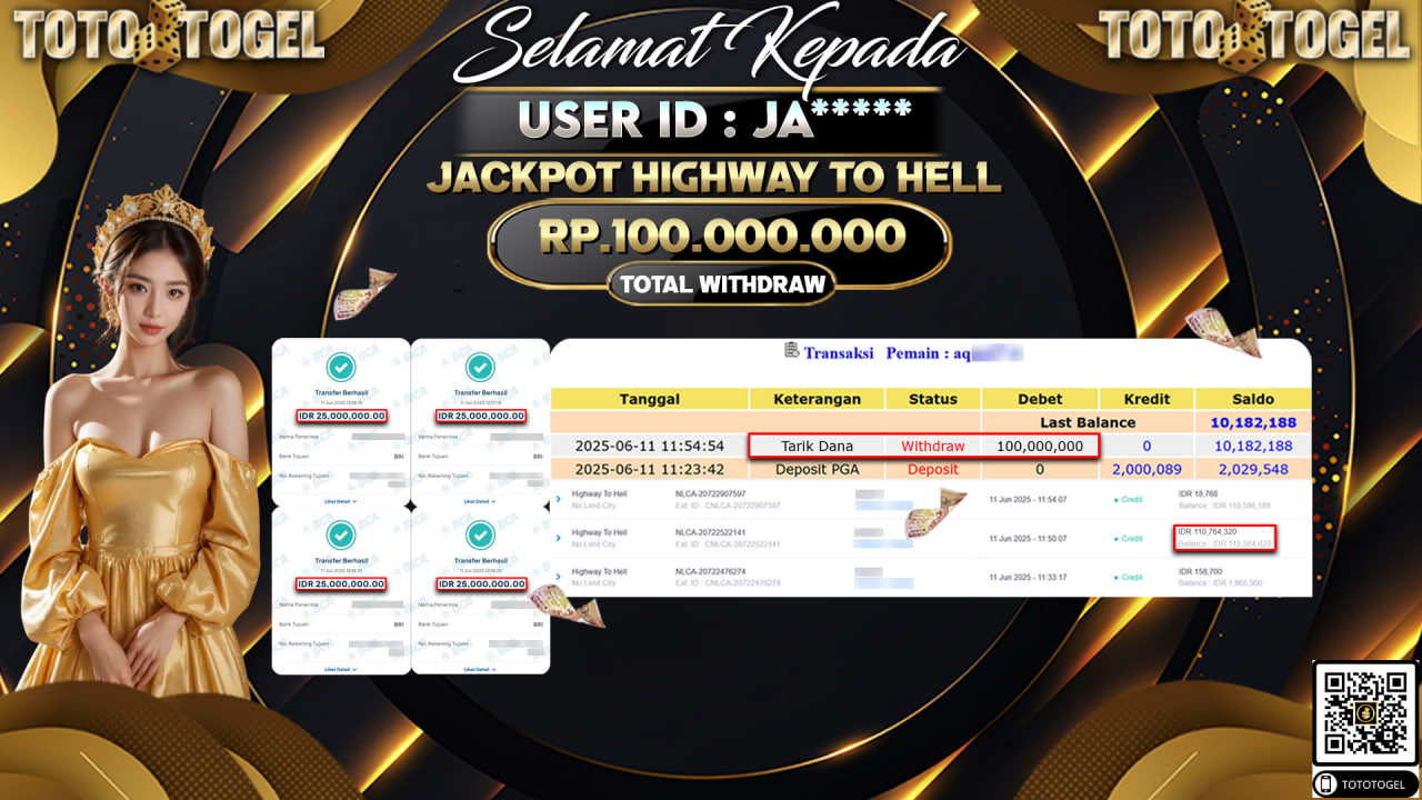 Bukti Pembayaran Jackpot Permainan Slot Highway To Hell ID:AQ***** LUNAS
