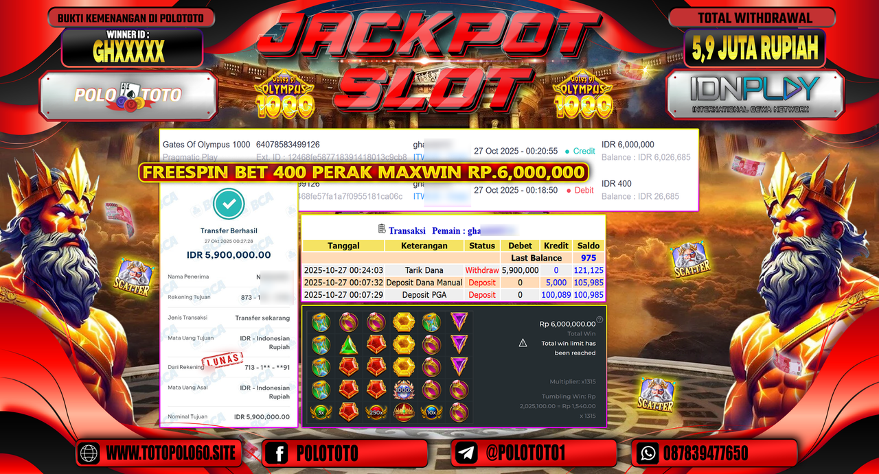 POLOTOTO JACKPOT SLOT GATES OF OLYMPUS 1000 Rp.5.900.000,- LUNAS