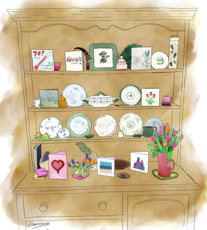 A watercolour effect digital painting of an oak dresser from a kitchen.  The shelves display decorative plates, bowls and other china, along with all manner of interesting items collected over the years.  More practically, the main surface holds a mobile phone in a pink cover, Post-it® Notes, a glasses case, a Waterford Crystable bowl containing a pineapple and other fruit.  A small vase holds grape hyacinths with some variegated greenery, a larger vase holds a surprisingly messy - but have you tried corralling tulips - display of tulips.  Placed here and there on the shelves are an assortment of birthday cards, including - high up where it won't get noticed, but it's rude not to display it even if it is grossly offensive - the one described in the story.