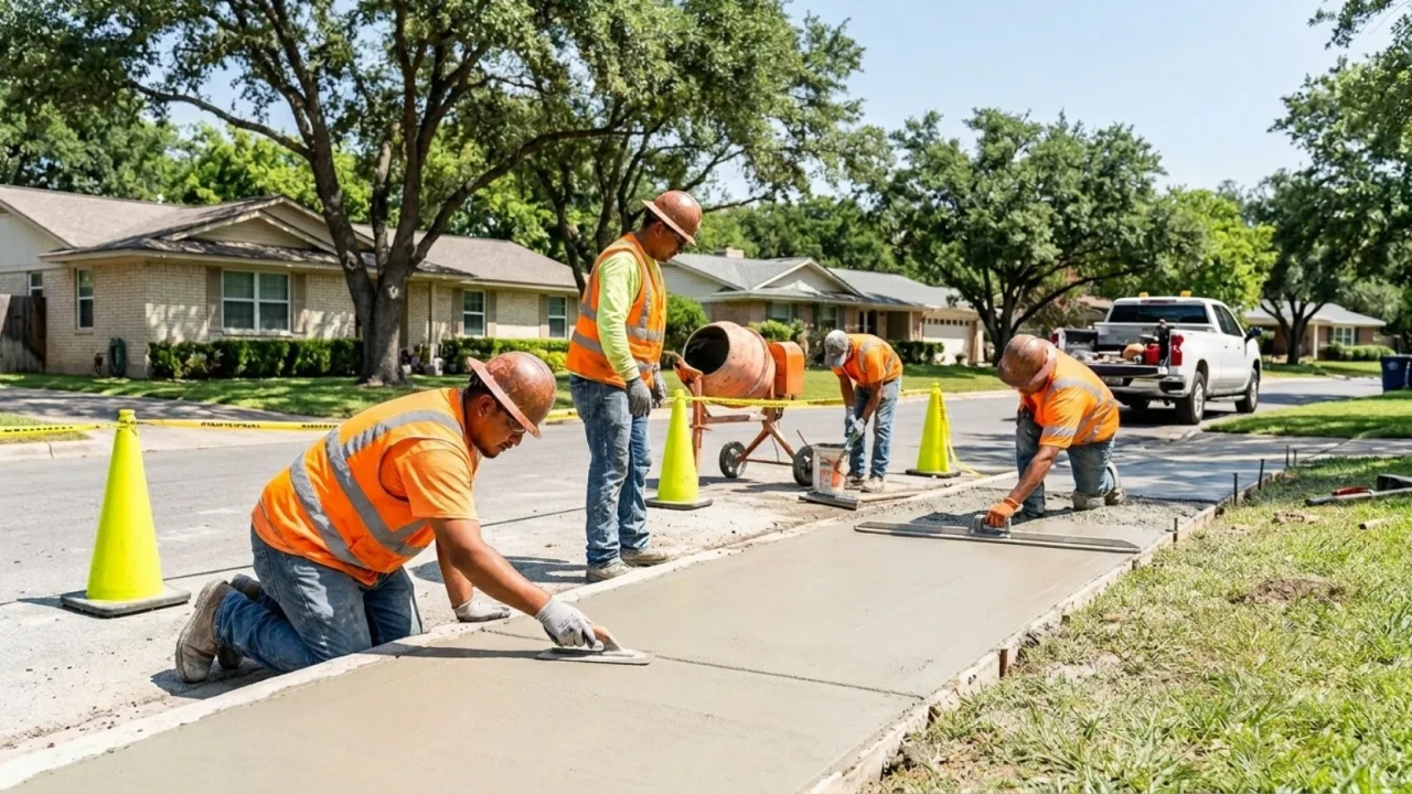 Professional concrete crew completing sidewalk repair in a San Antonio residential neighborhood