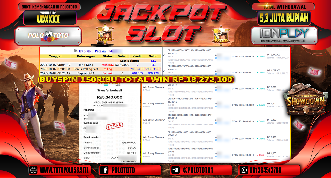 POLOTOTO JACKPOT SLOT WILD BOUNTHY SHOWDOWN Rp.5.300.000,- LUNAS