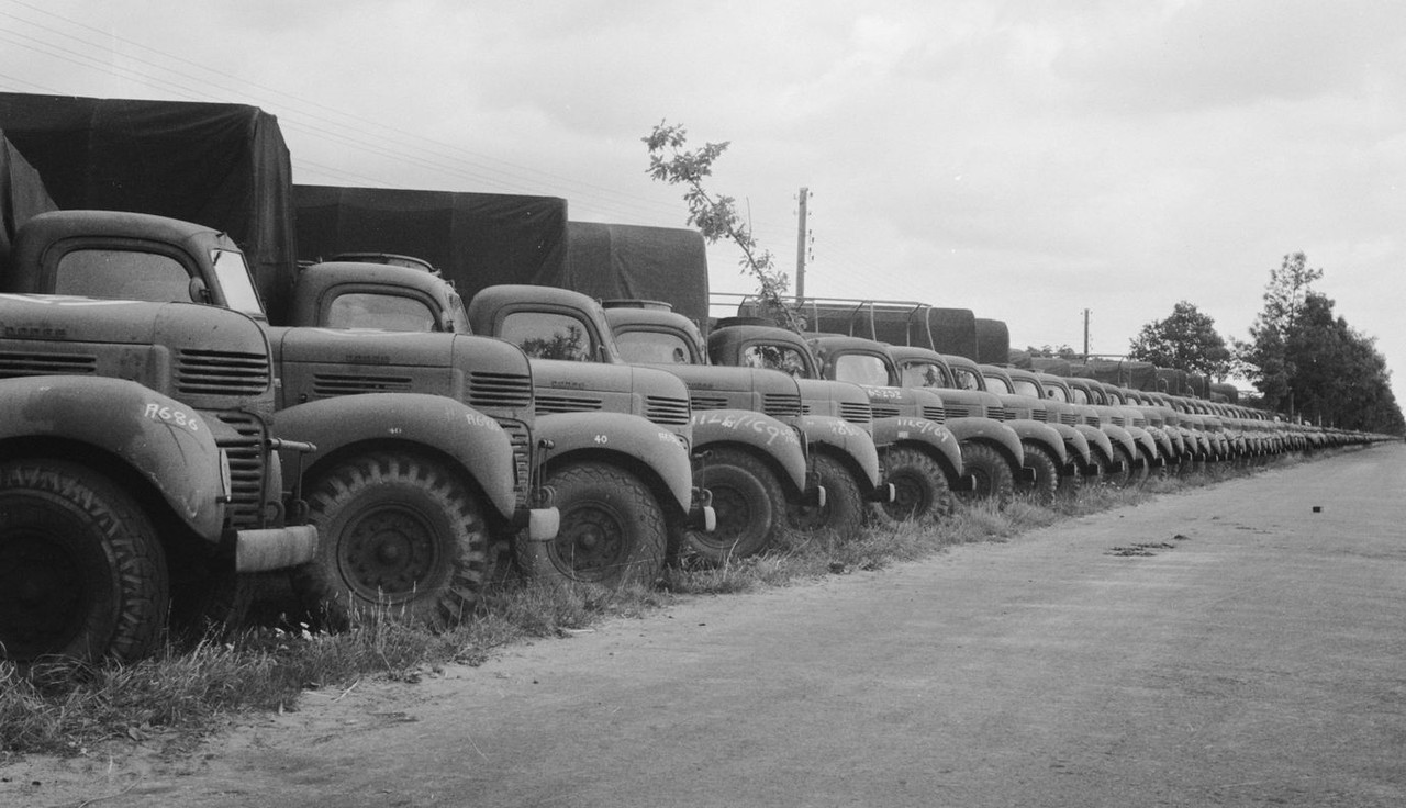 After the war - endless row of Dodge D60L MCP trucks in Netherla