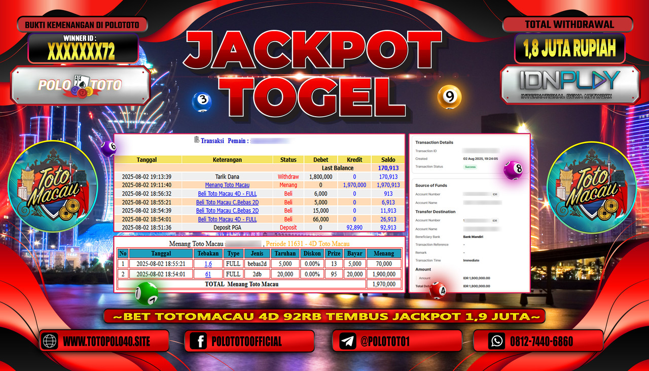 POLOTOTO JACKPOT TOGEL TOTO MACAU Rp.1.800.000,-LUNAS