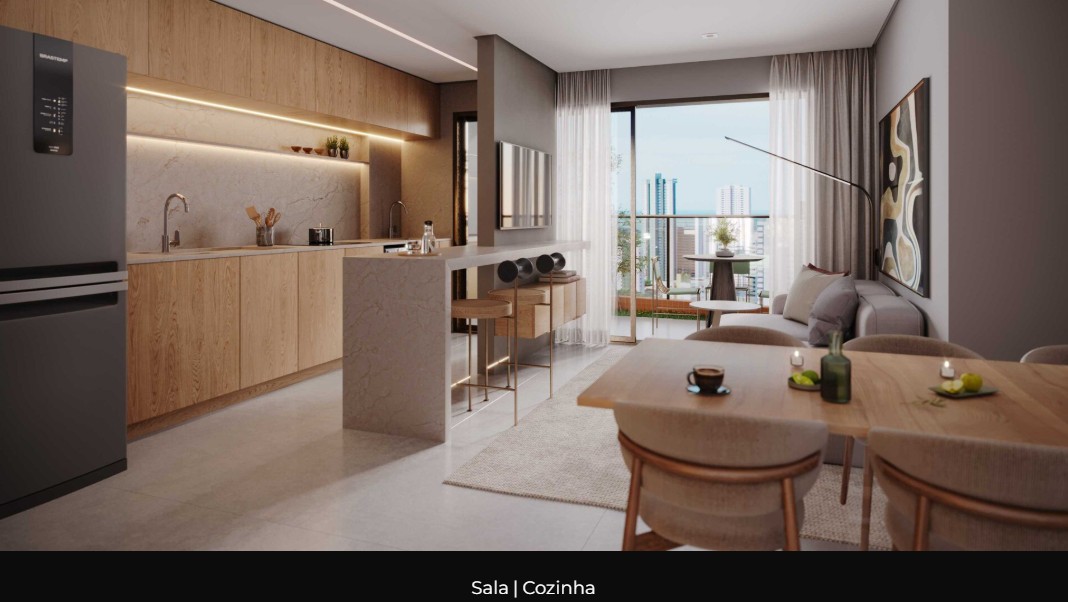 Sala e cozinha integradas com iluminação natural