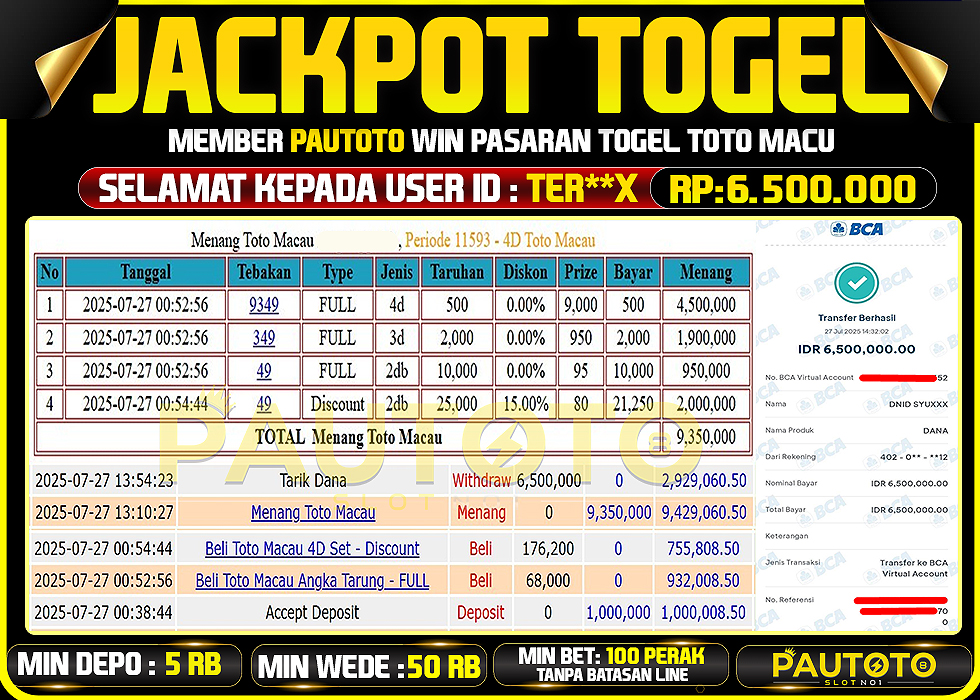 BUKTI PEMBAYARAN TGL 27 JULY 2025 MENANG DI PASARAN TOTO MACAU 4D TOTAL WD 6,5 JUTA
