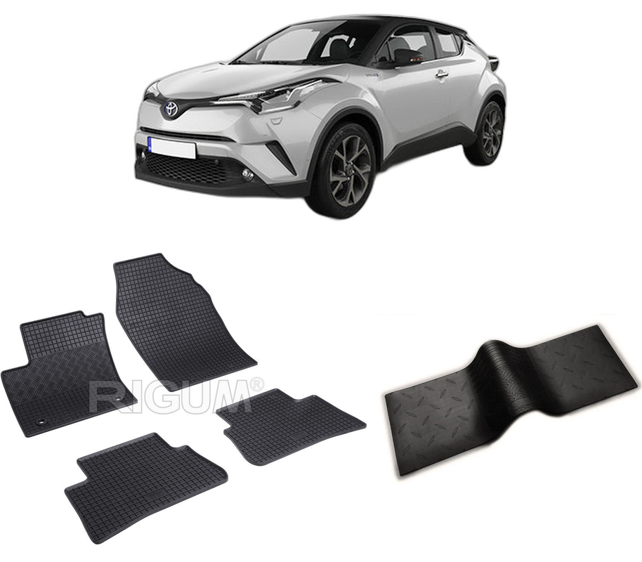 Set covorase auto TOYOTA C-HR HYBRID din 01.2017-12.2023, cu covoras tunel median, CAROSERIE SUV, Presuri cauciuc 100%, compatibil cu autoturismul TOYOTA C-HR HYBRID, Rigum