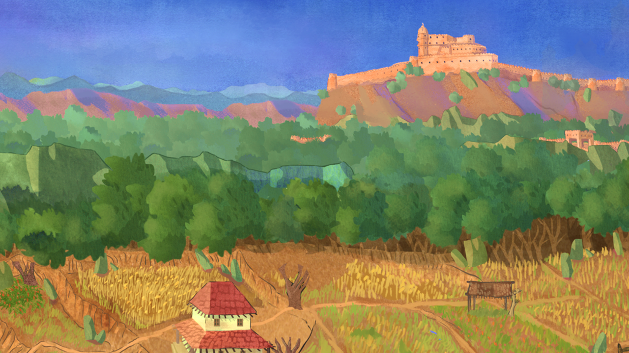 Hand painted scene showing the titular palace on the hill with a forest and field in front.