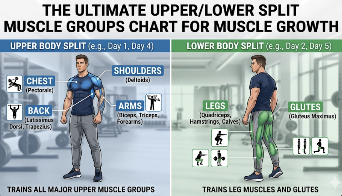 Upper lower split muscle groups chart showing upper body chest back shoulders arms and lower body legs glutes for gym split routine