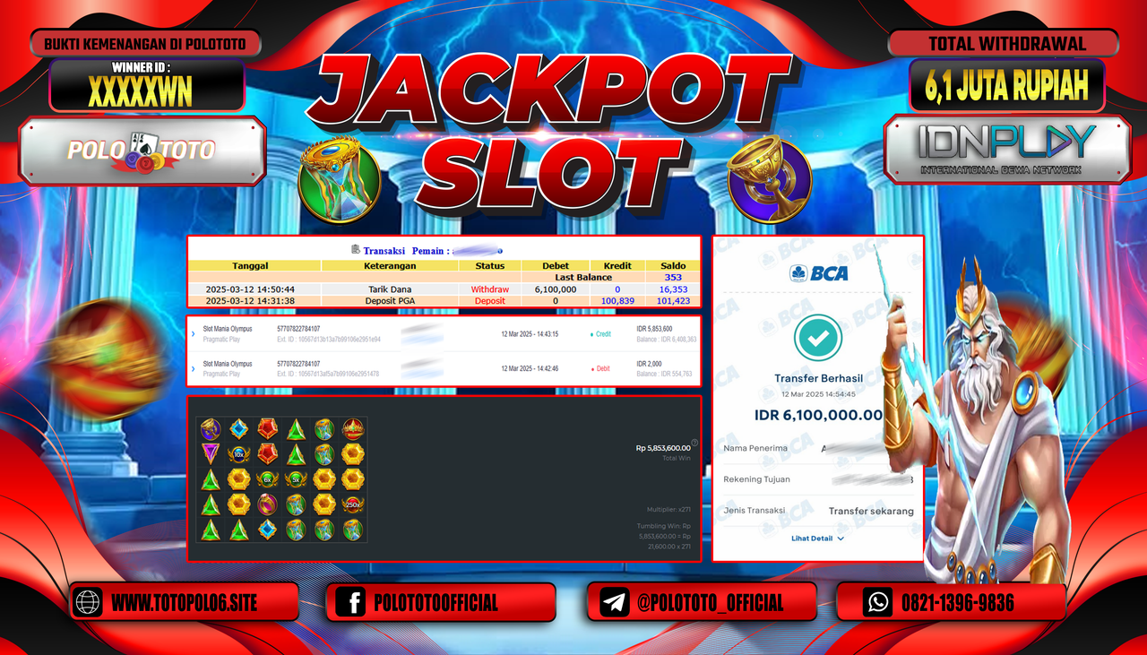 POLOTOTO JACKPOT SLOT MANIA OLYMPUS Rp.6.100.000,-