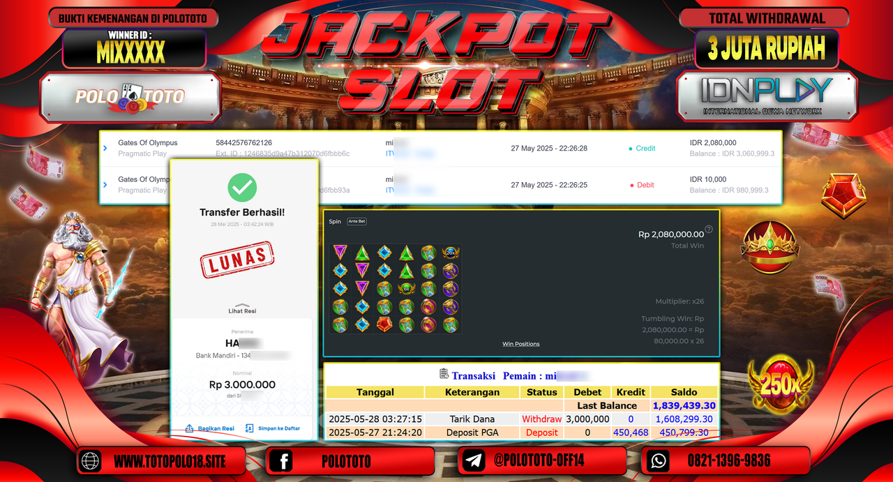 POLOTOTO JACKPOT SLOT GATES OF OLYMPUS Rp.3.000.000,-