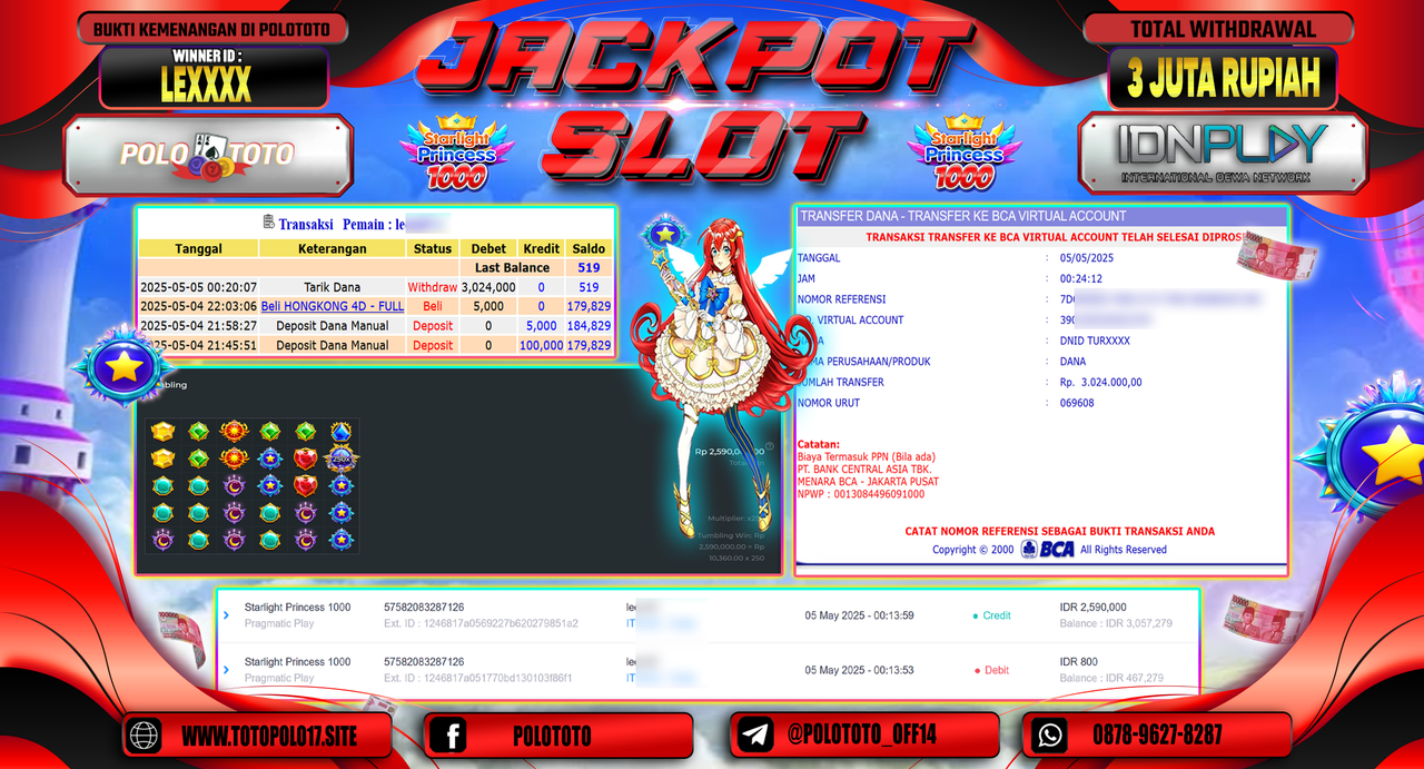 POLOTOTO JACKPOT SLOT STARLIGHT PRINCESS 1000 Rp.3.024.000,-