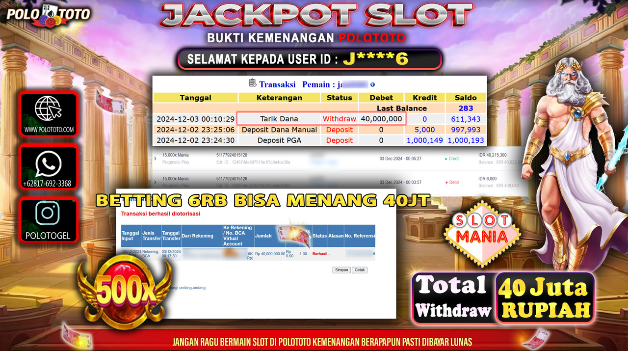 POLOTOTO JACKPOT SLOT MANIA Rp.40,000.000,-