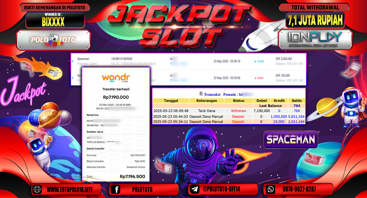 POLOTOTO JACKPOT SLOT SPACEMAN Rp.7.190.000,-