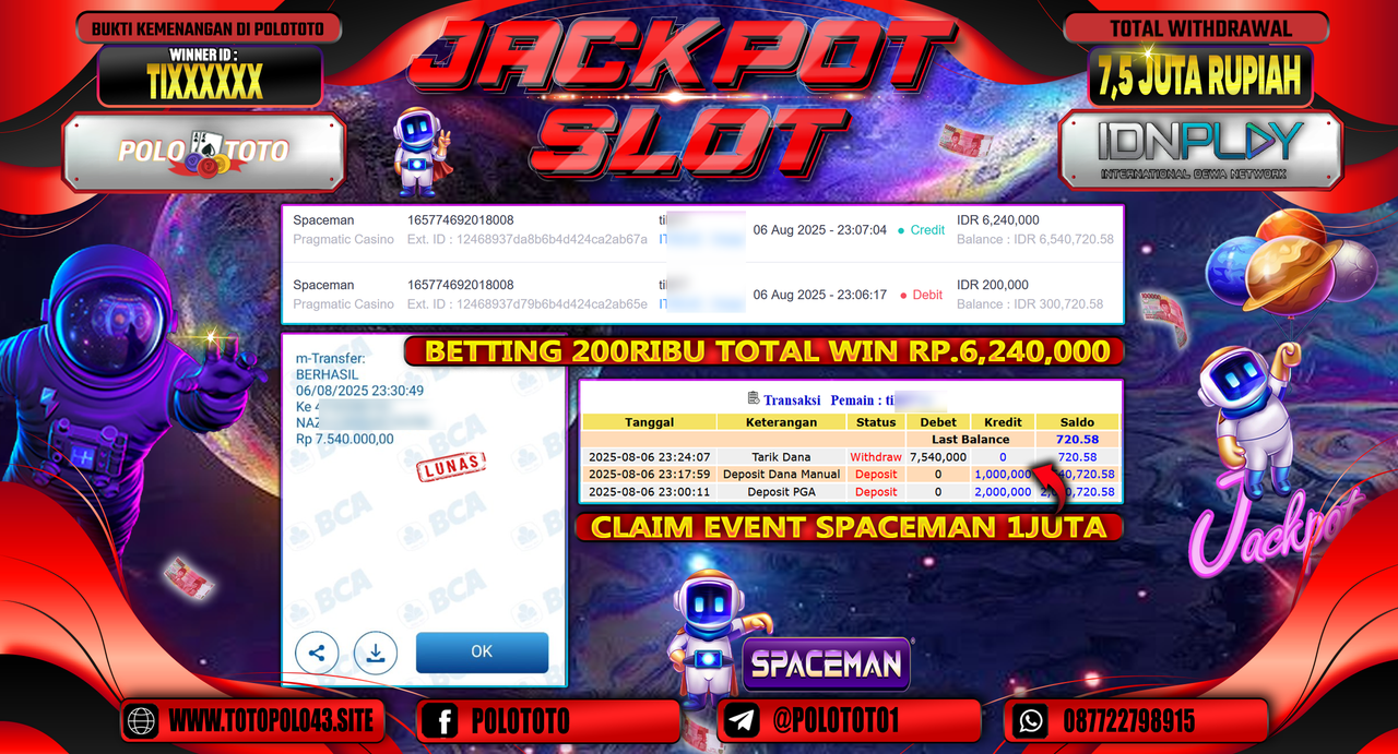 POLOTOTO JACKPOT SLOT SPACEMAN Rp.7.500.000,-LUNAS