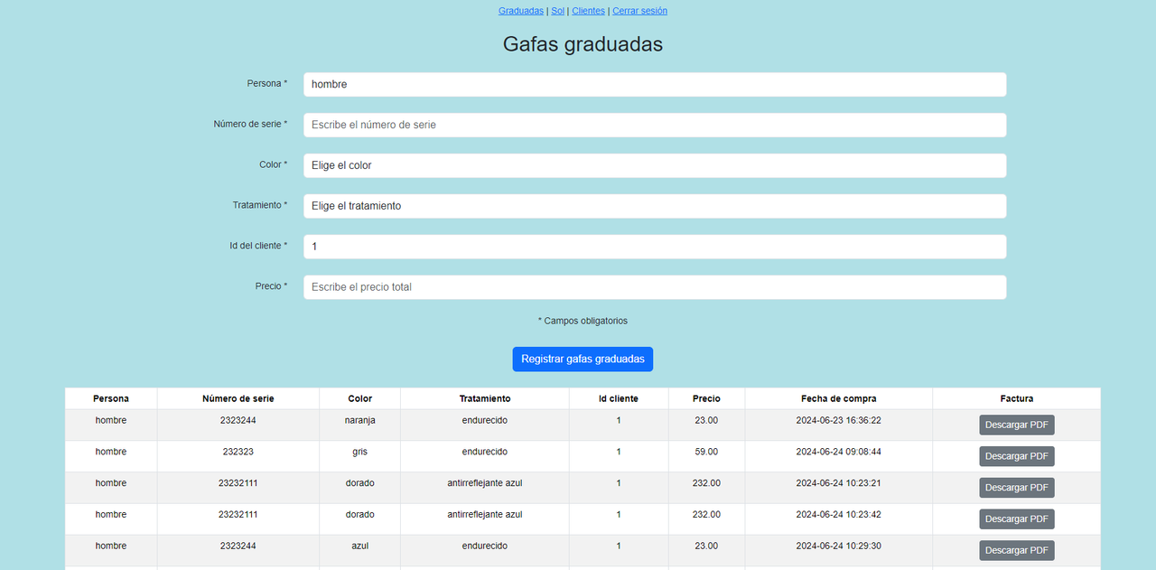 Registro de gafas graduadas