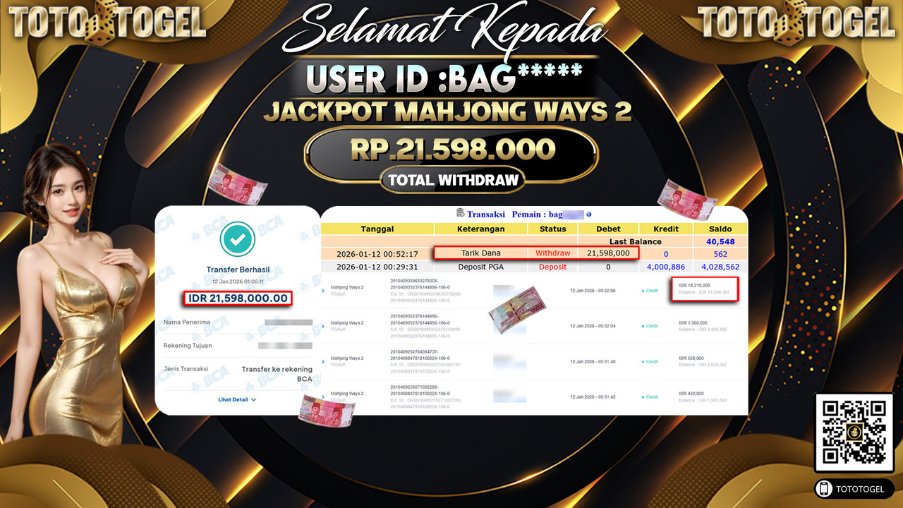 Bukti Pembayaran Jackpot Permainan Slot Mahjong Ways 2 ID:BAG*****LUNAS
