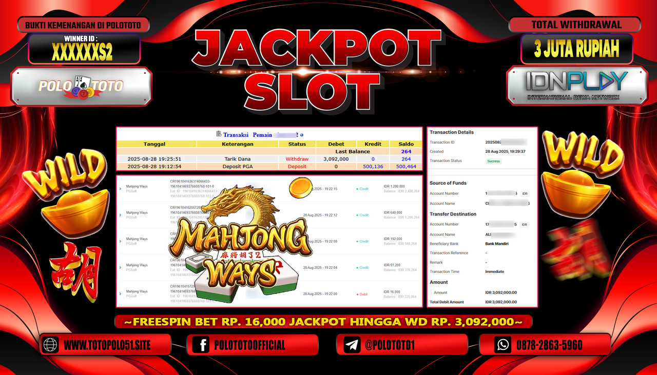 POLOTOTO JACKPOT SLOT MAHJONG WAYS Rp.3.000.000,- LUNAS