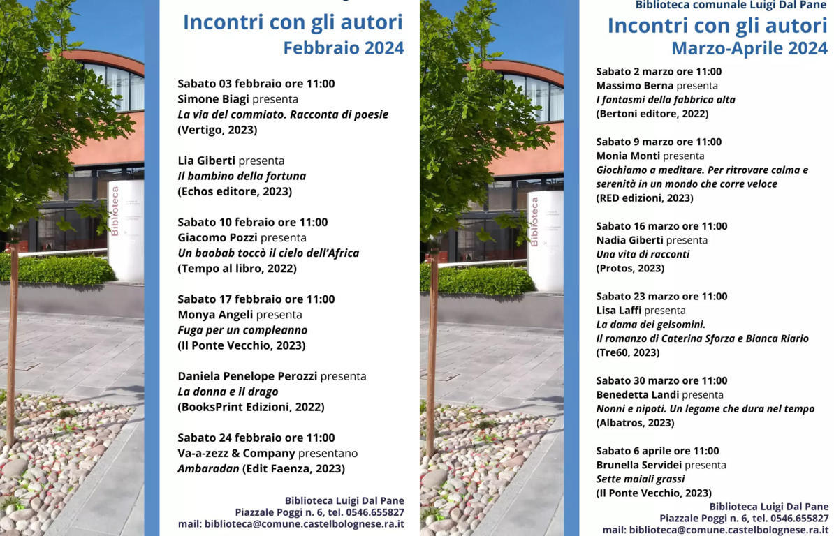 Rassegna “incontri con gli autori” dal 3 febbraio al 6 aprile alla biblioteca Rassegna “incontri con gli autori” dal 3 febbraio al 6 aprile alla biblioteca