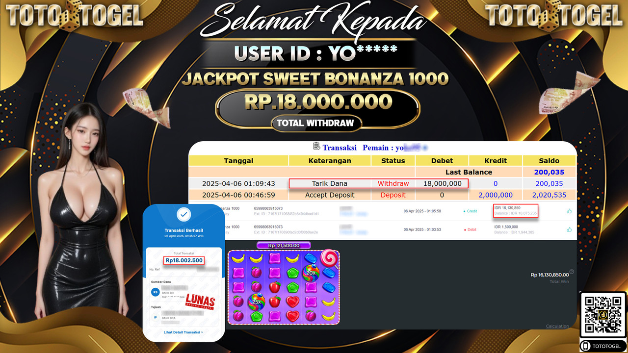 Bukti Pembayaran Jackpot  Permainan Slot Sweet Bonanaza 1000 ID:YO***** LUNAS