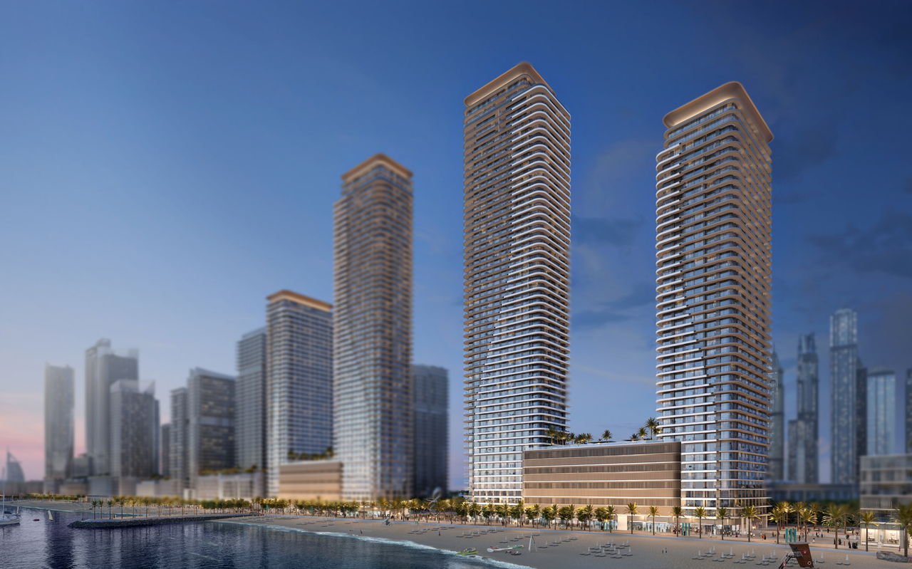 Exterior architectural rendering of Bayview - Tower 2 by Emaar at Emaar Beachfront showcasing the modern beachfront high-rise tower overlooking the sea and Ain Dubai skyline, luxury waterfront residence featured as a Distress Deal in Dubai