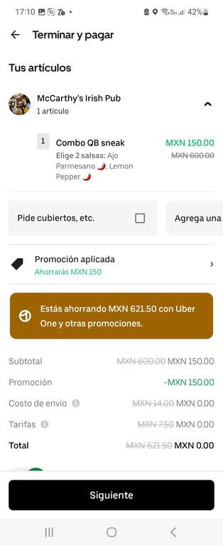 Uber eats one: 8 alitas más 8 boneless más papás por cero pesos en McCarthys Irish pub puebla 
