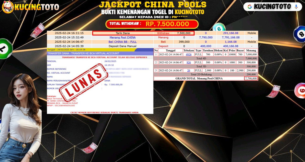 KUCINGTOTO JACKPOT TOGEL CHINA POOLS RP.7.500.000.,- LUNAS
