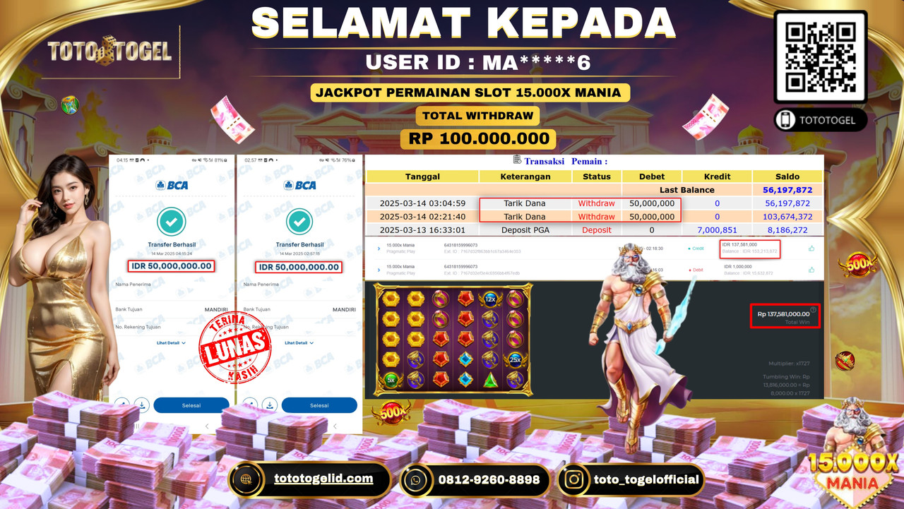 Bukti Pembayaran Jackpot  Permainan Slot 15.000X Mania ID:MA*****6 LUNAS