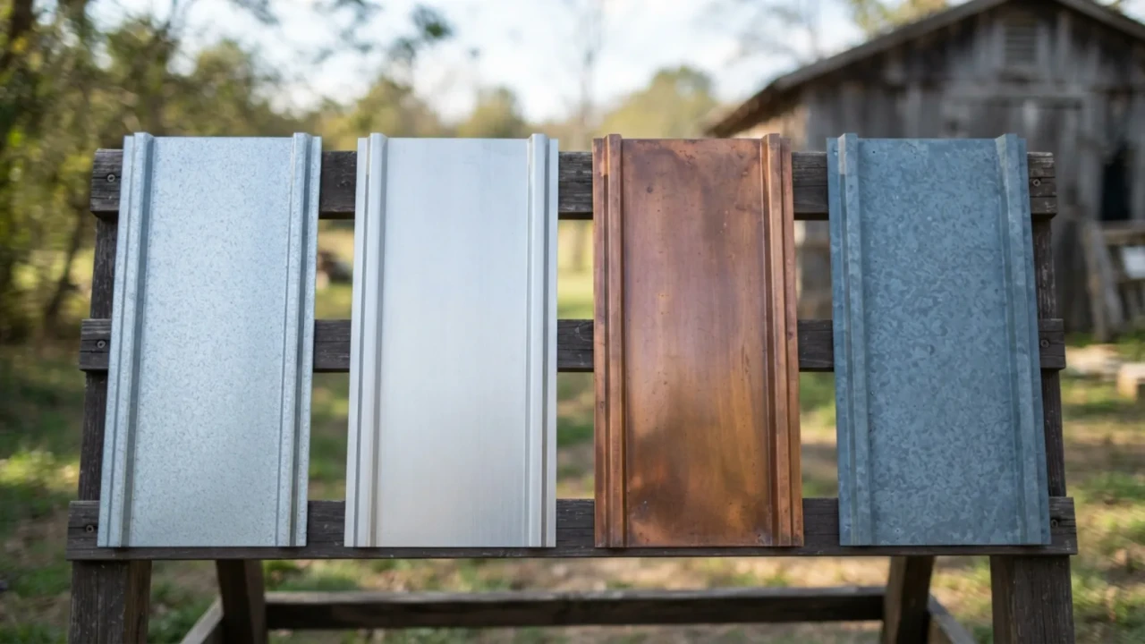 Metal roofing material comparison showing steel, aluminum, copper, and zinc panels side by side