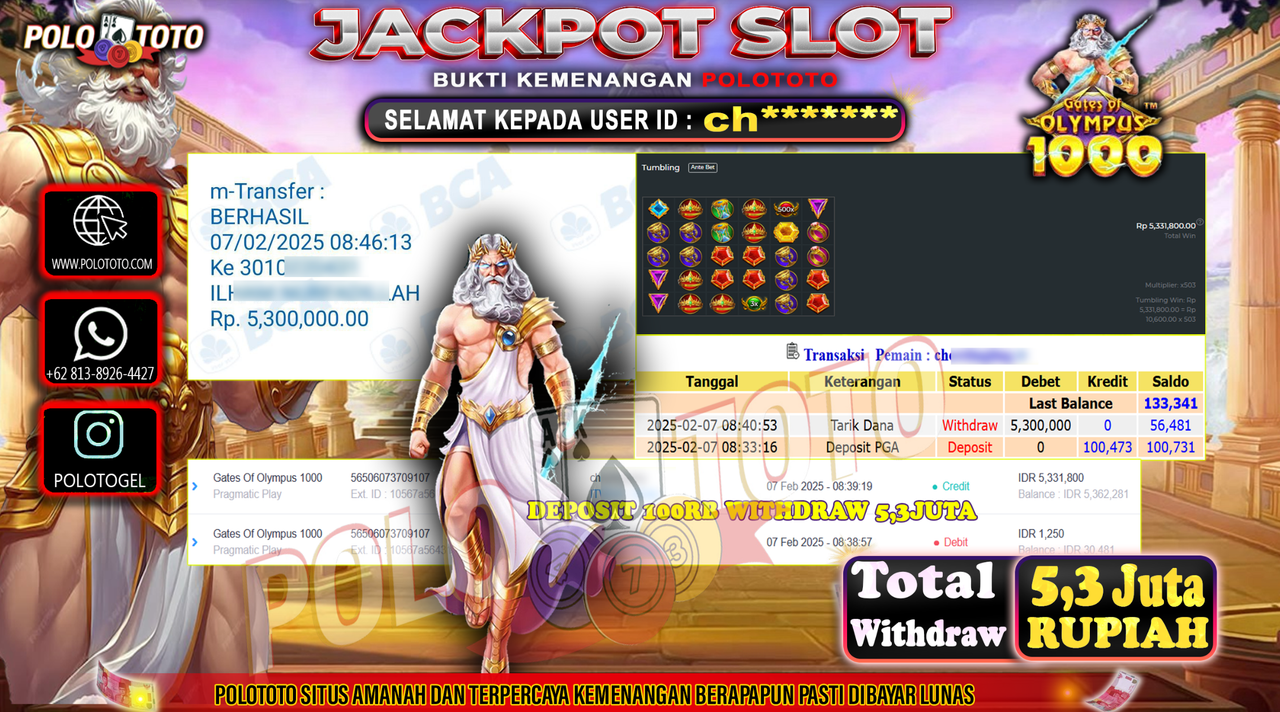 POLOTOTO JACKPOT SLOT GATES OF OLYMPUS 1000 Rp.5,300.000,-