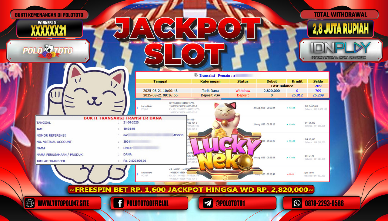 POLOTOTO JACKPOT SLOT LUCKY NEKO Rp.2.800.000,- LUNAS