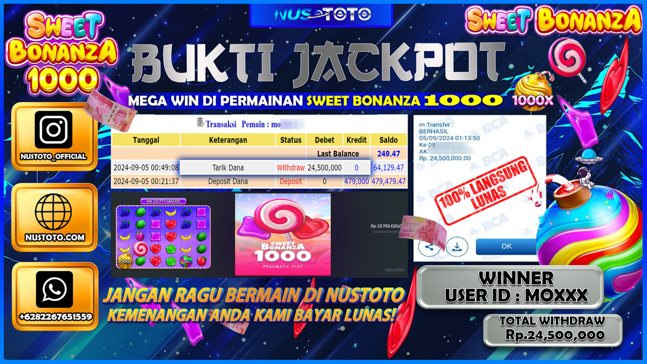 JACKPOT !! MENANG BESAR DI SWEET BONANZA 100 SENILAI Rp. 24.500.000 LANGSUNG DI BAYAR LUNAS NUSTOTO !!